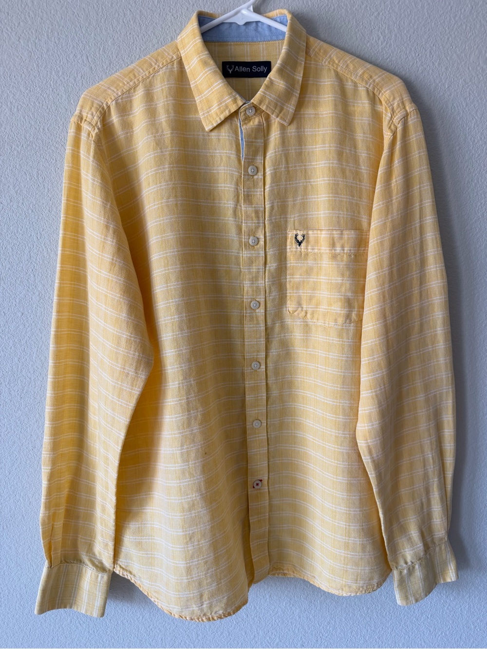 Allen Solly Light Yellow Plaid Stripe Men Button-Down Shirt Linen Cotton Casual